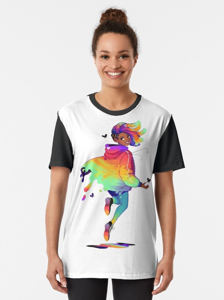 Raincoat graphic t-shirt with bold black art design - Women