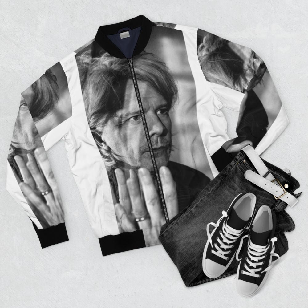 Indochina bomber jacket featuring a black and white portrait design by Nicola Sirkis - Flat lay