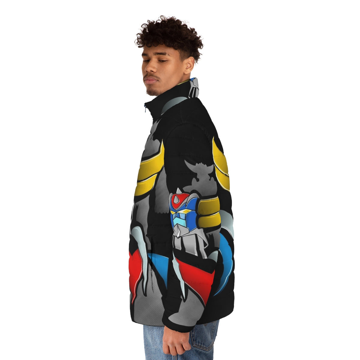 Vintage Goldorak Grendizer Puffer Jacket featuring retro anime mecha design - men side left