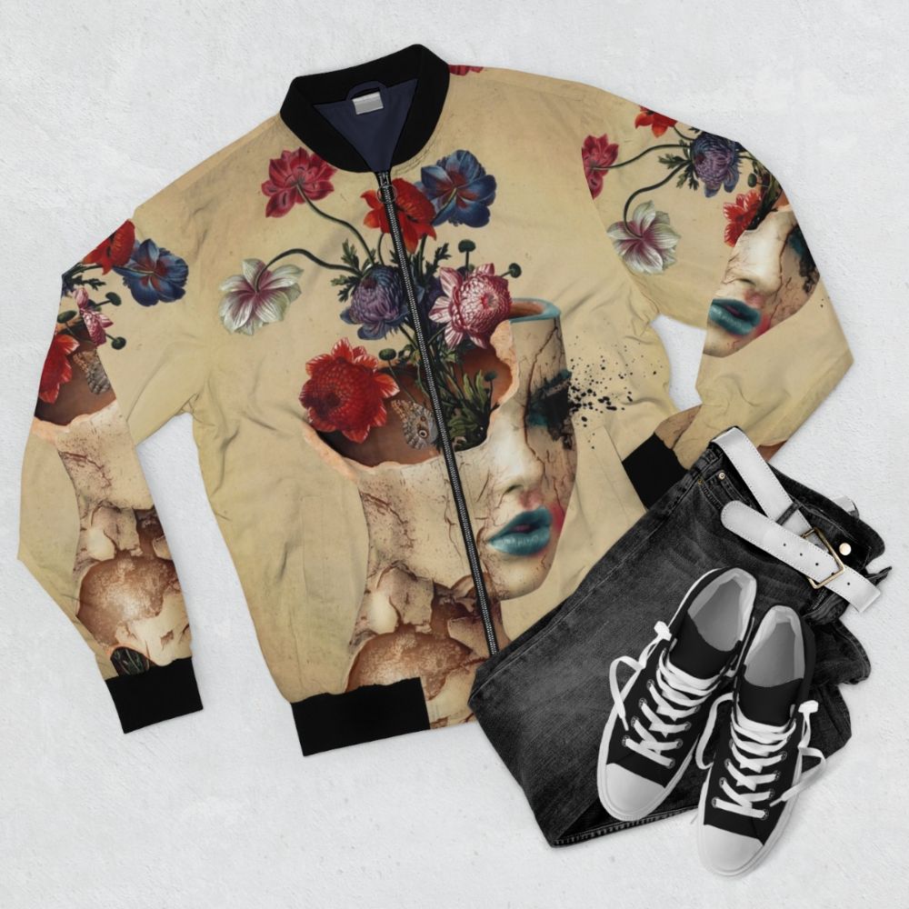 Vintage floral bomber jacket with butterfly and grunge digital art design - Flat lay