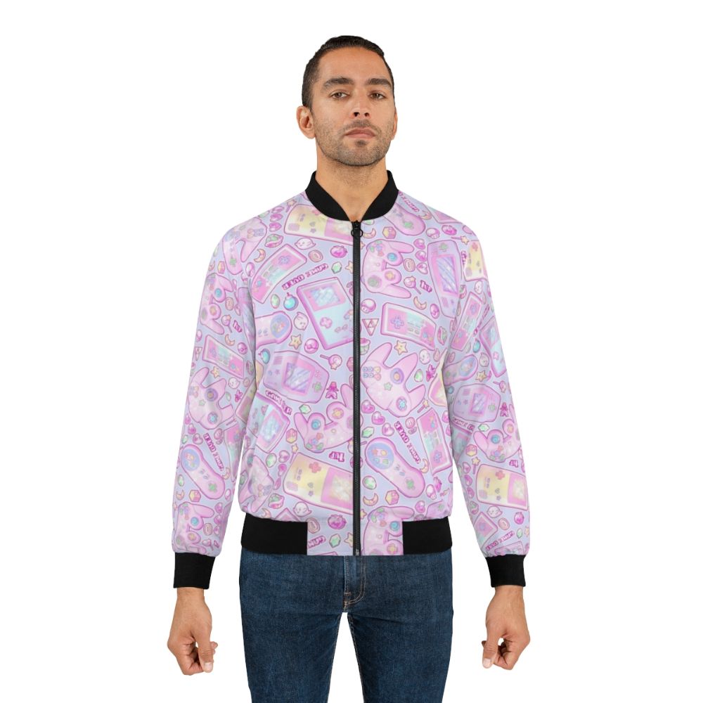 Pastel-colored bomber jacket with Nintendo, Zelda, Kirby, and Super Mario graphics and patterns - Lifestyle