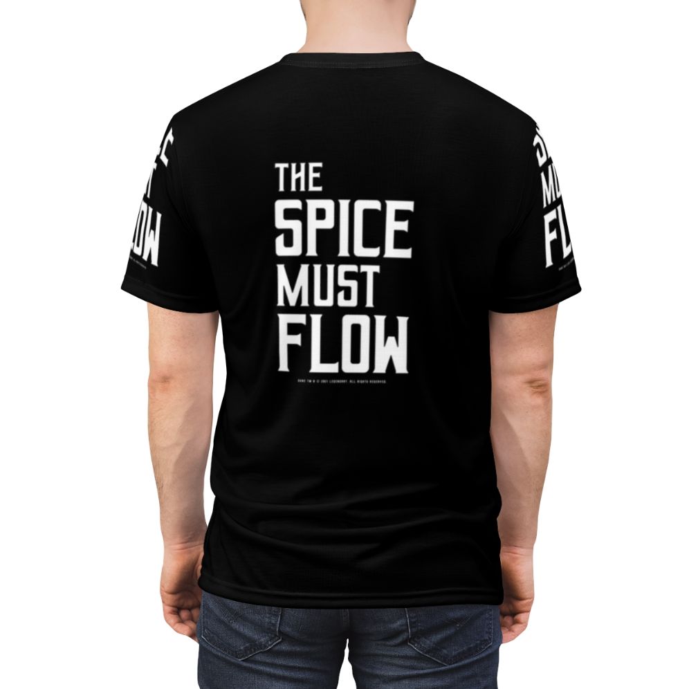 Dune-inspired all-over print t-shirt featuring the iconic "the spice must flow" quote and Dune-themed design - men back