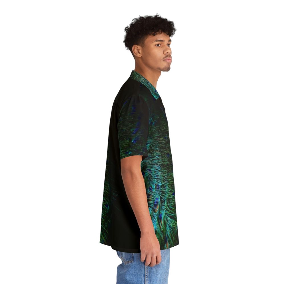 Peacock feathers in a modern, abstract design on a black background Hawaiian shirt - People Pight