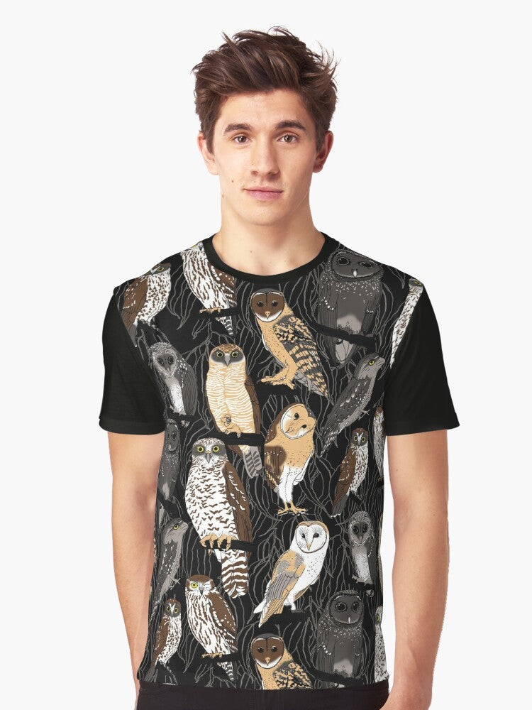 Graphic illustration of various Australian owl species including ninox strenua, tyto alba, and podargus strigoides on a t-shirt. - Men