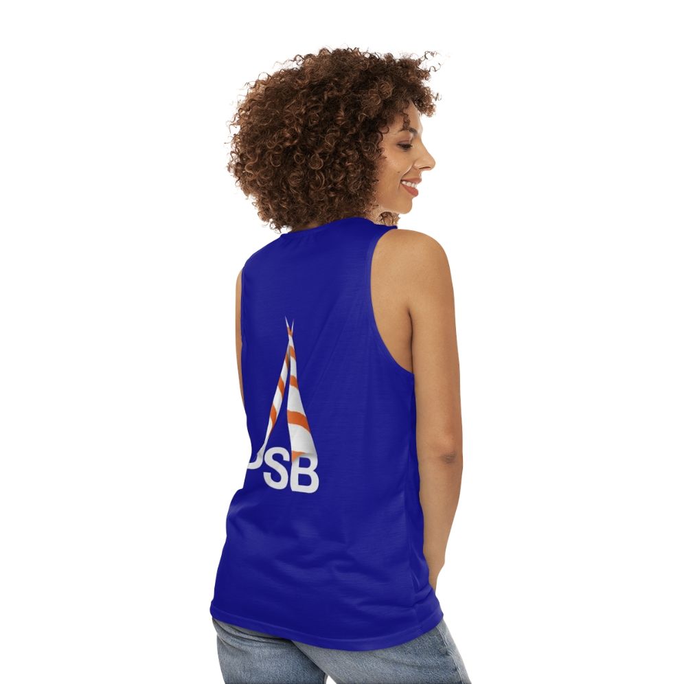 Retro unisex tank top with synth-pop and 1980s style design - women back