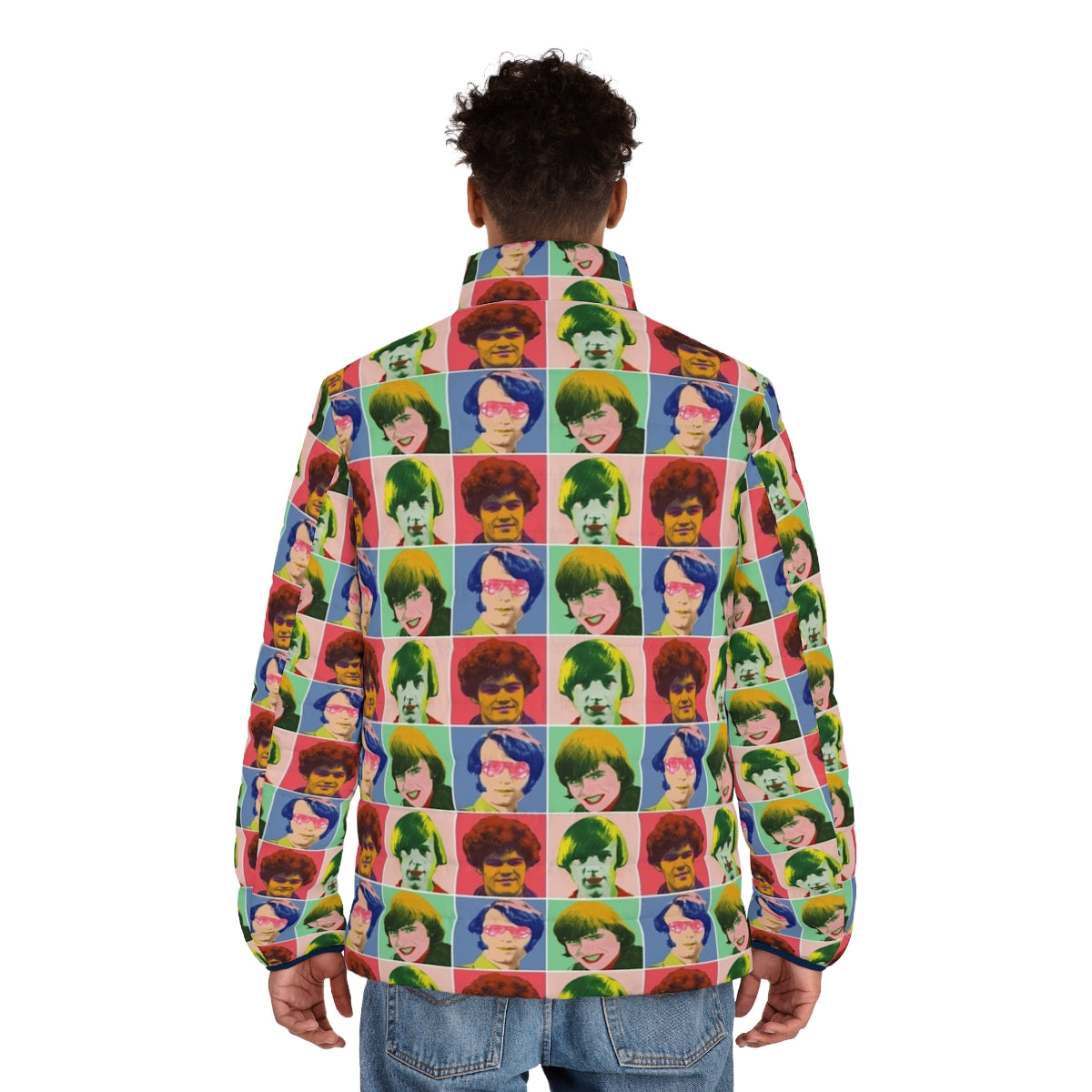 Warhol-inspired checkered puffer jacket featuring The Monkees band members - men back