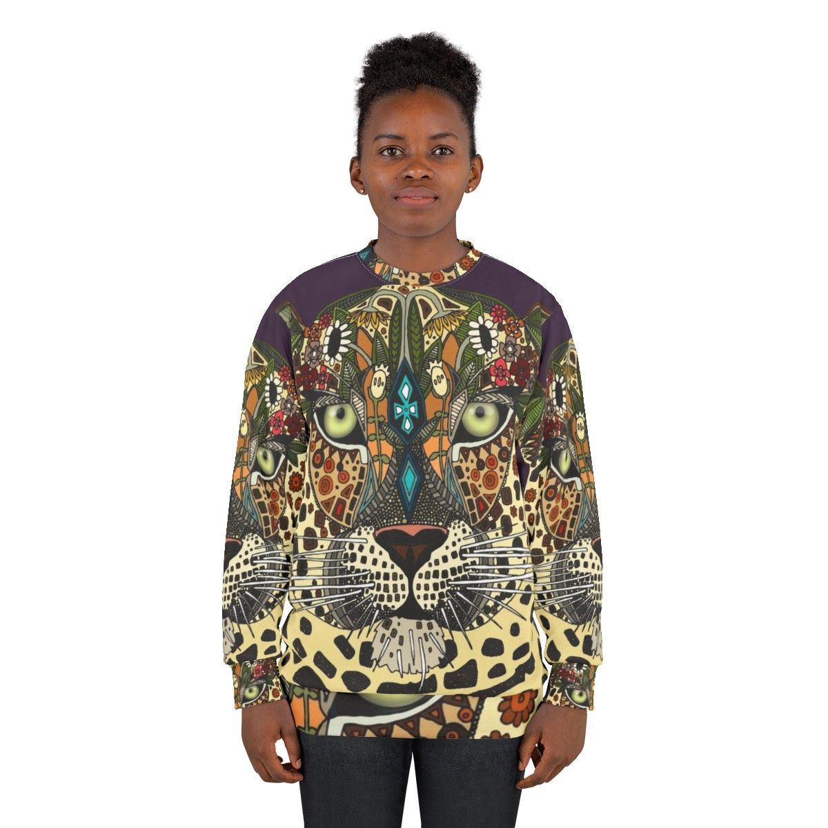 Leopard print sweatshirt with tribal and botanical design - women