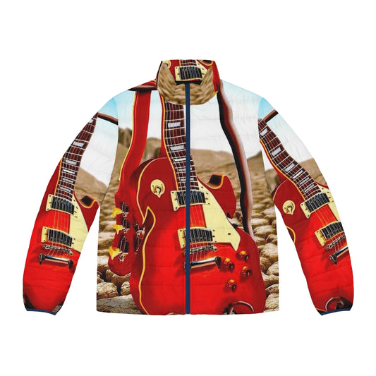 Melted guitar vintage abstract desert print puffer jacket featuring surreal and psychedelic artwork