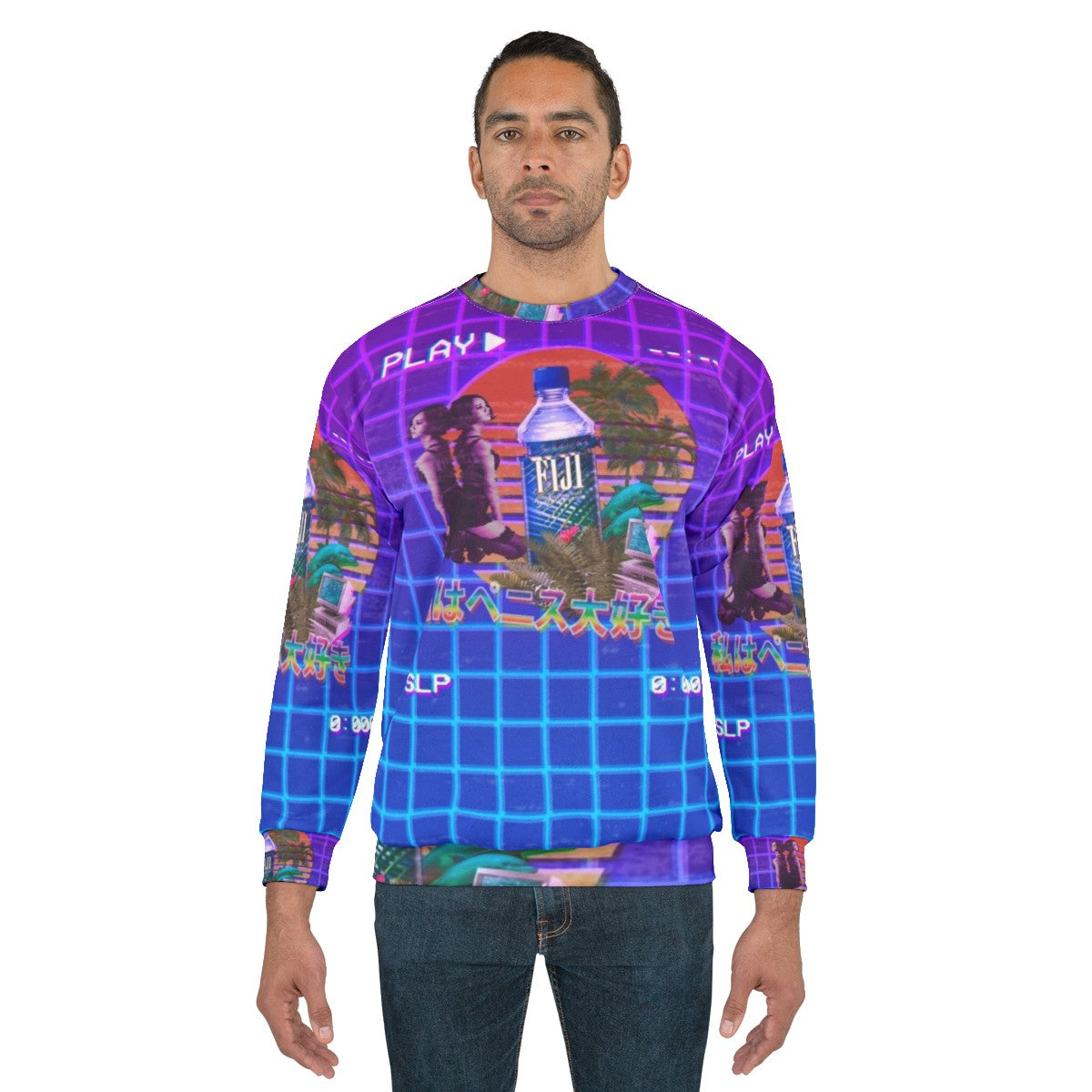 Vaporwave Fiji Bottle Sweatshirt featuring a 90s inspired, 3D cyberpunk aesthetic - men