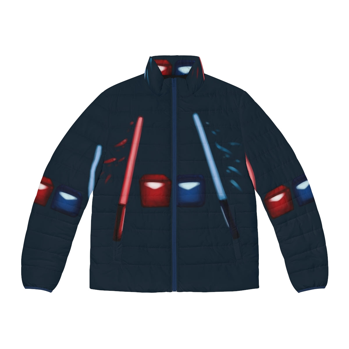 Artsy Beat Saber Puffer Jacket featuring custom cubes and blocks