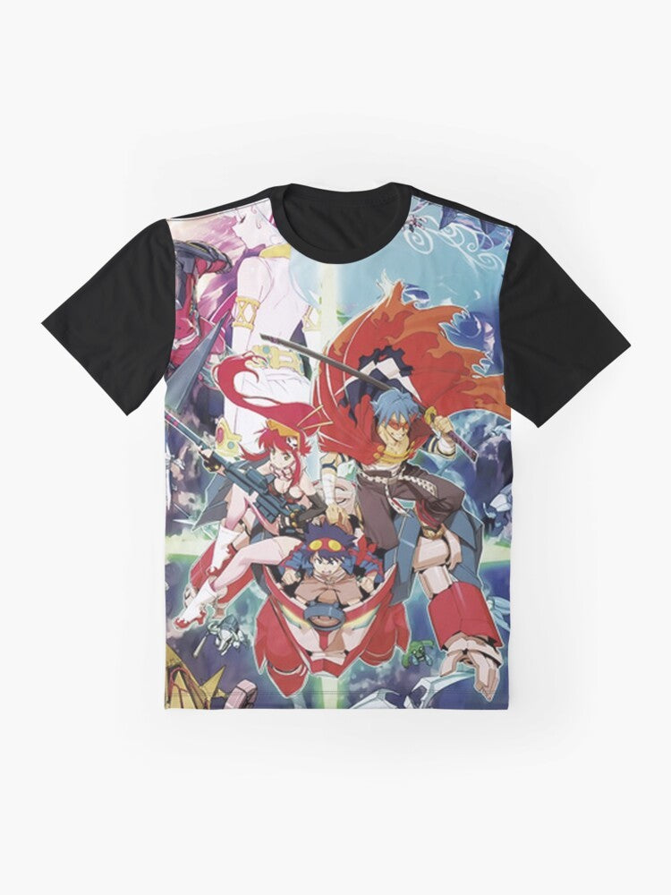 Tengen Toppa Gurren Lagann anime-inspired graphic t-shirt featuring characters like Kamina, Yoko Littner, and Nia Teppelin. - Flat lay