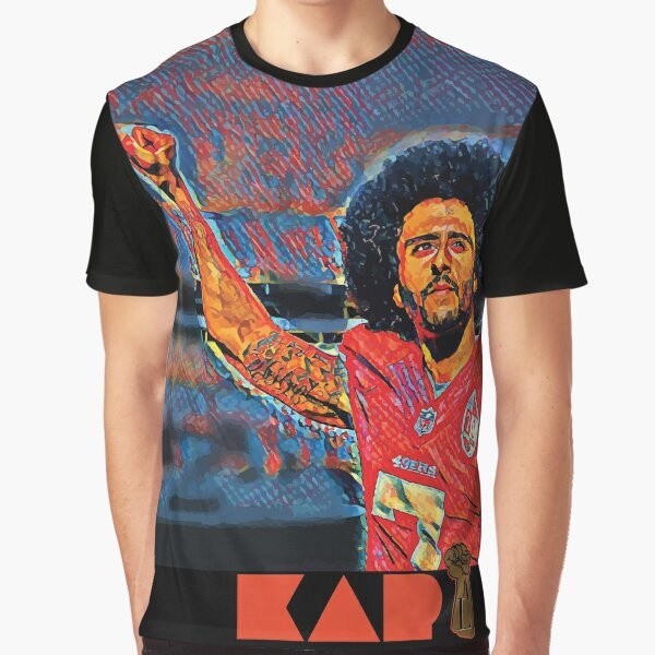 Graphic t-shirt with "Tha Liberator" design, featuring an illustration of Colin Kaepernick kneeling in protest.