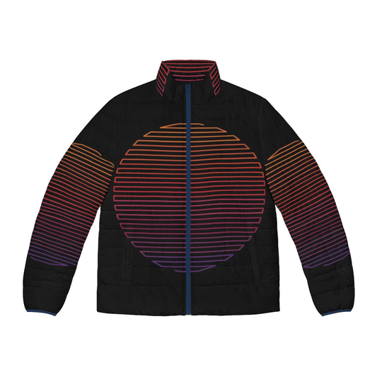 A stylish puffer jacket with a linear, minimalist design in vibrant neon colors.