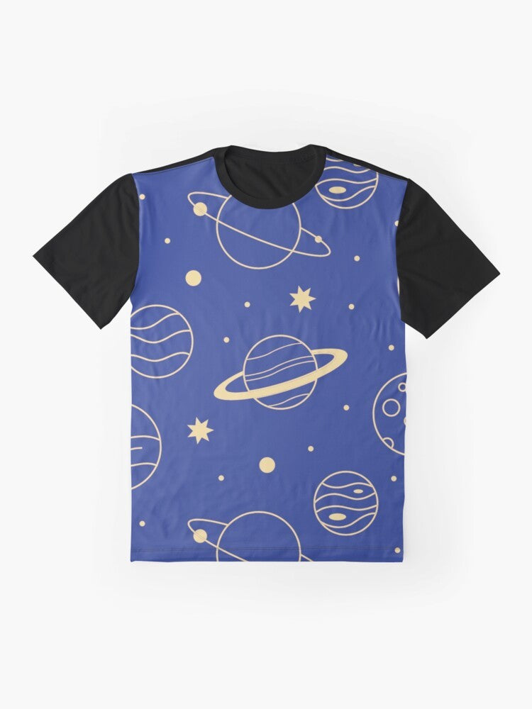 Graphic t-shirt featuring a minimalist design of the solar system and space elements - Flat lay