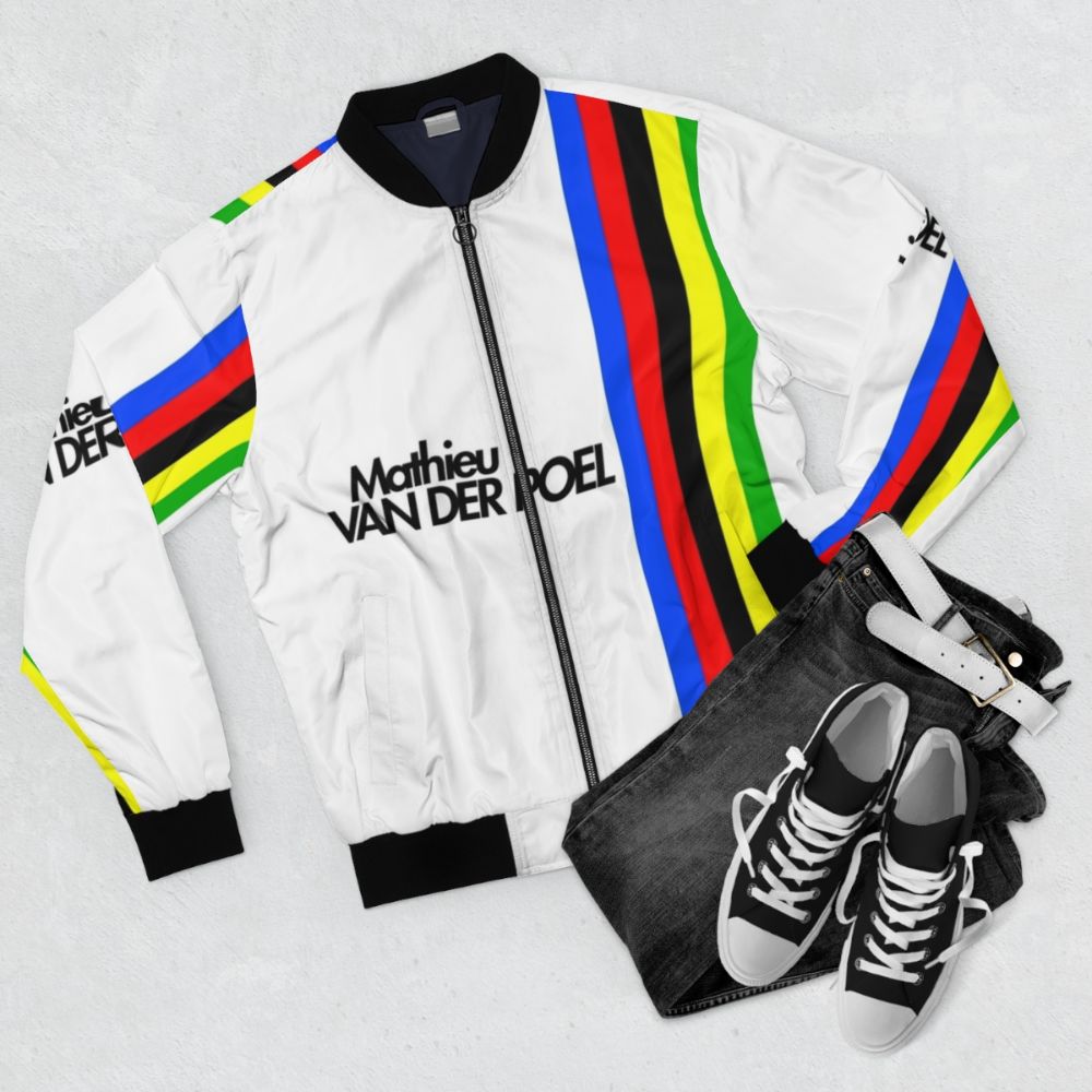 Mathieu van der Poel wearing a cycling bomber jacket with world championship design - Flat lay