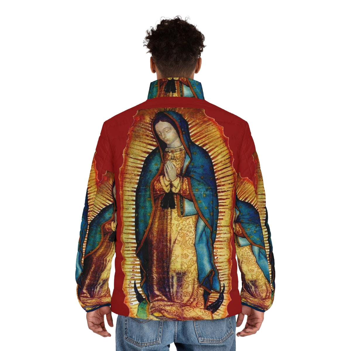 Our Lady of Guadalupe Puffer Jacket with Blessed Virgin Mary Tilma Replica Design - men back