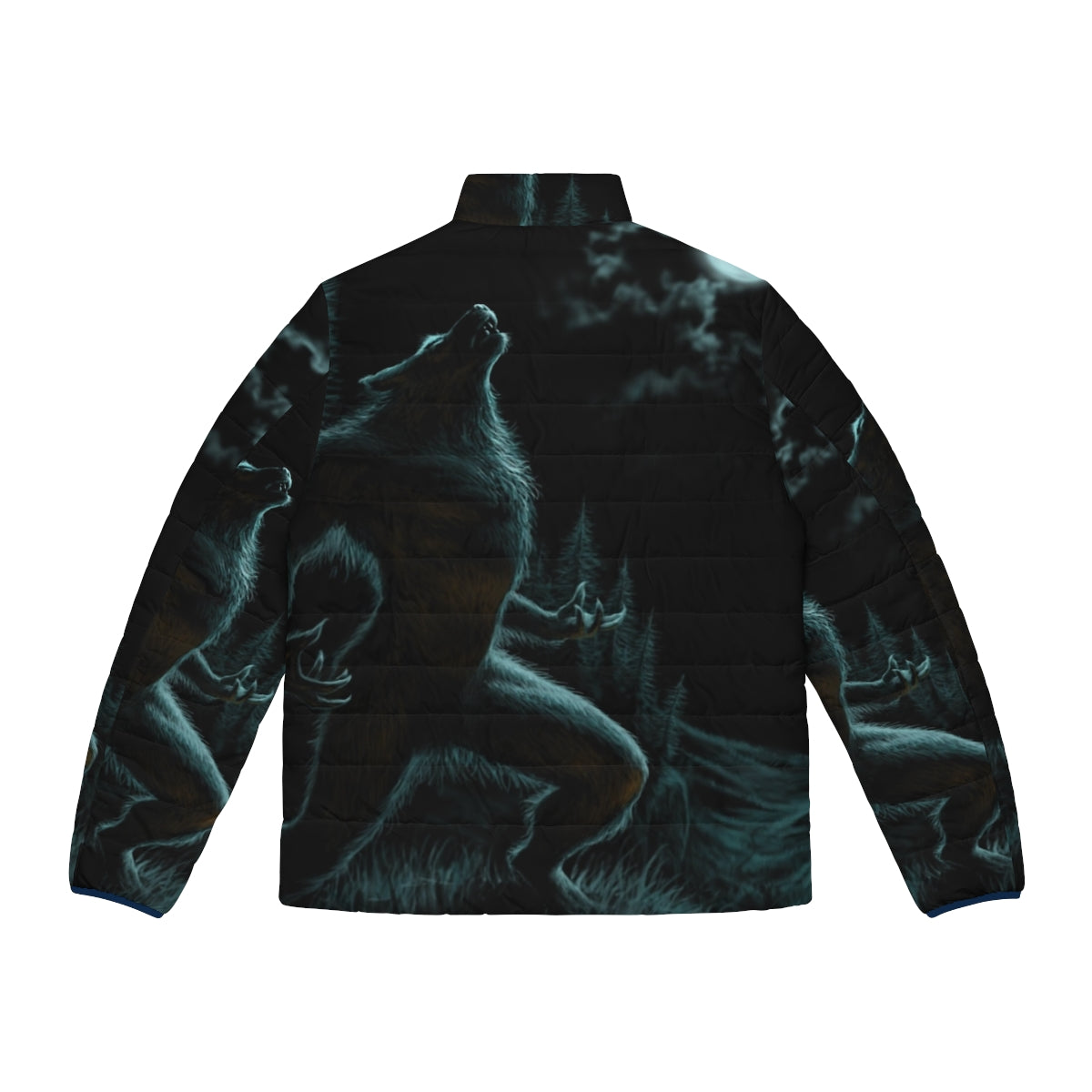 Werewolf puffer jacket with a howling design against a full moon - Back