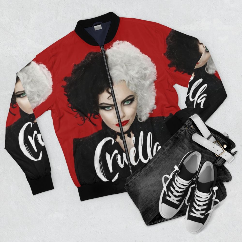 Cruella Deville Bomber Jacket - Iconic Villain's Apparel featuring the Cruella de Vil character from the Cruella film prequel - Flat lay