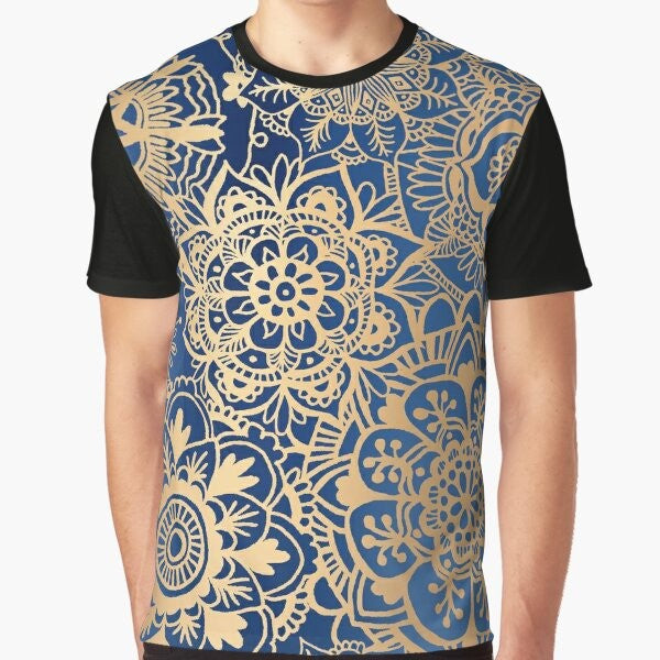 Blue and gold mandala pattern graphic t-shirt