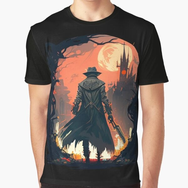 Bloodborne Hunter Eldritch Horror Graphic T-Shirt featuring a dark and ominous design with a hunter, red moon, flames, and Lovecraftian elements.