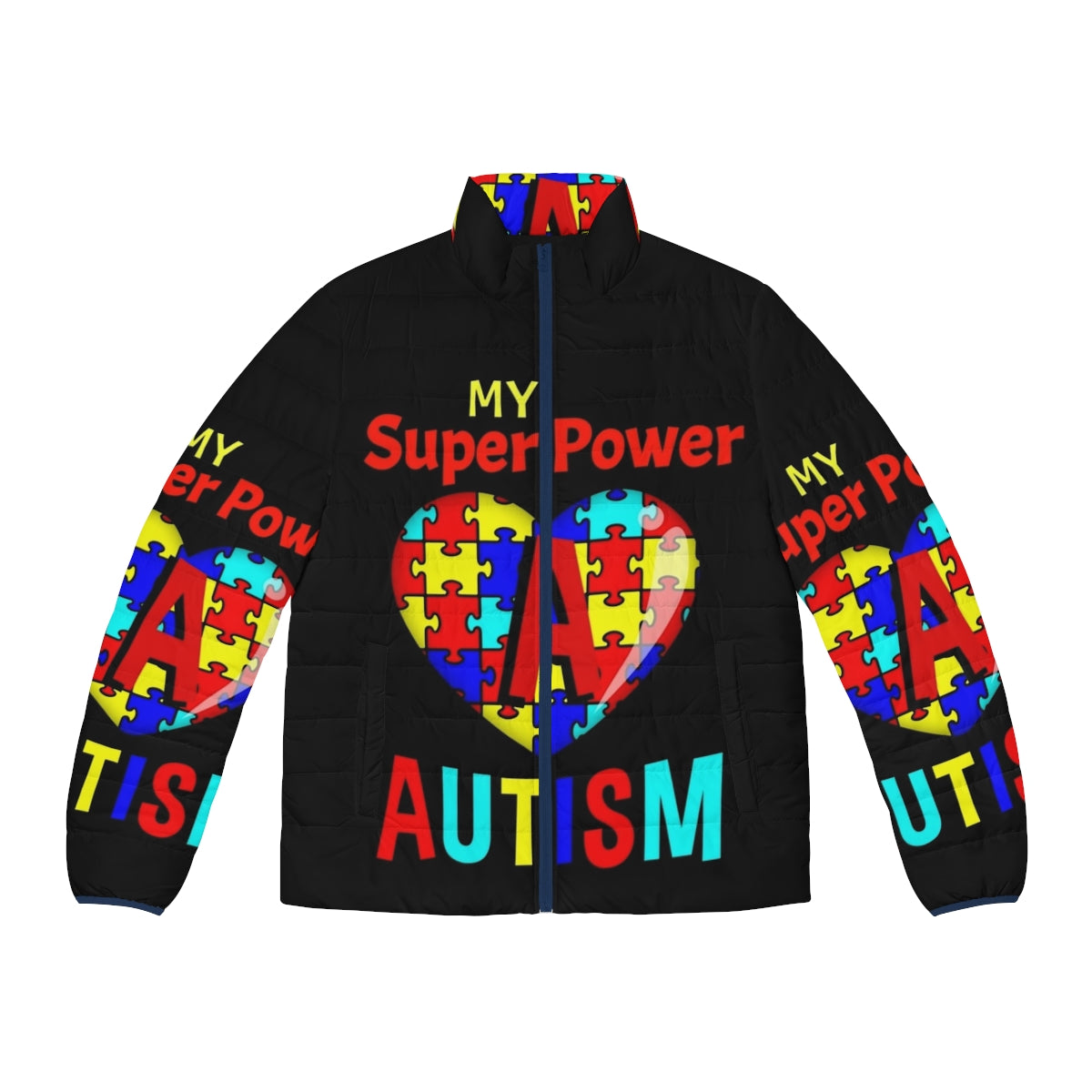 Autism Awareness My Super Power Puffer Jacket with puzzle pieces and heart