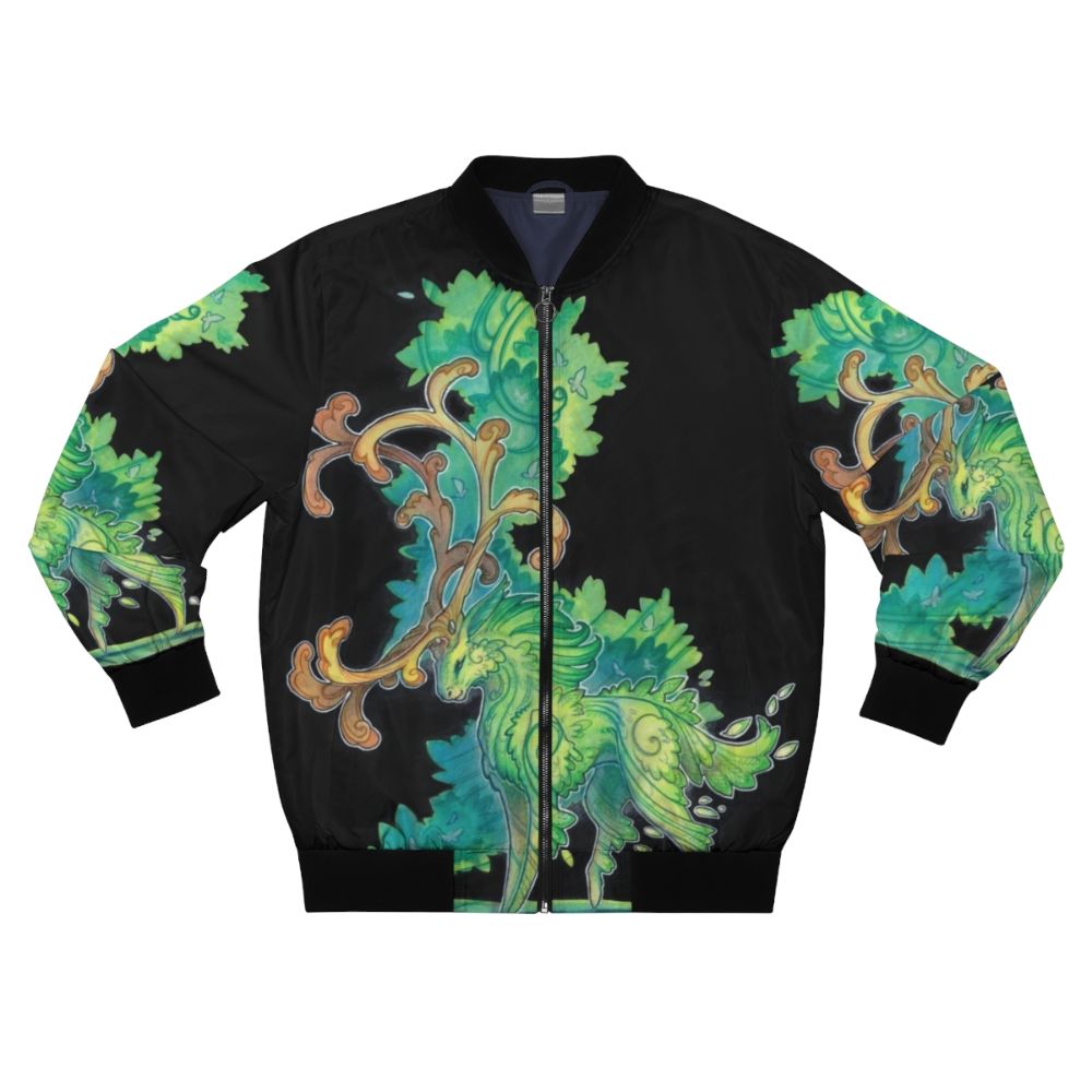 Drachenmagier forest spirit bomber jacket with green foliage, antlers, and traditional art design