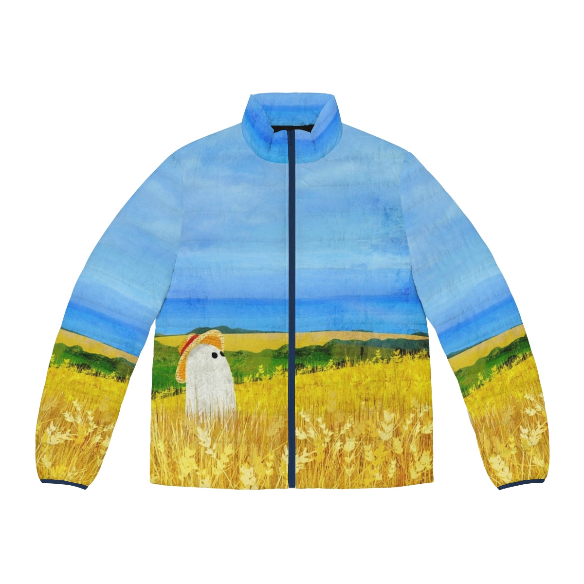 "A puffer jacket with a ghostly wheat field design, perfect for exploring the countryside"