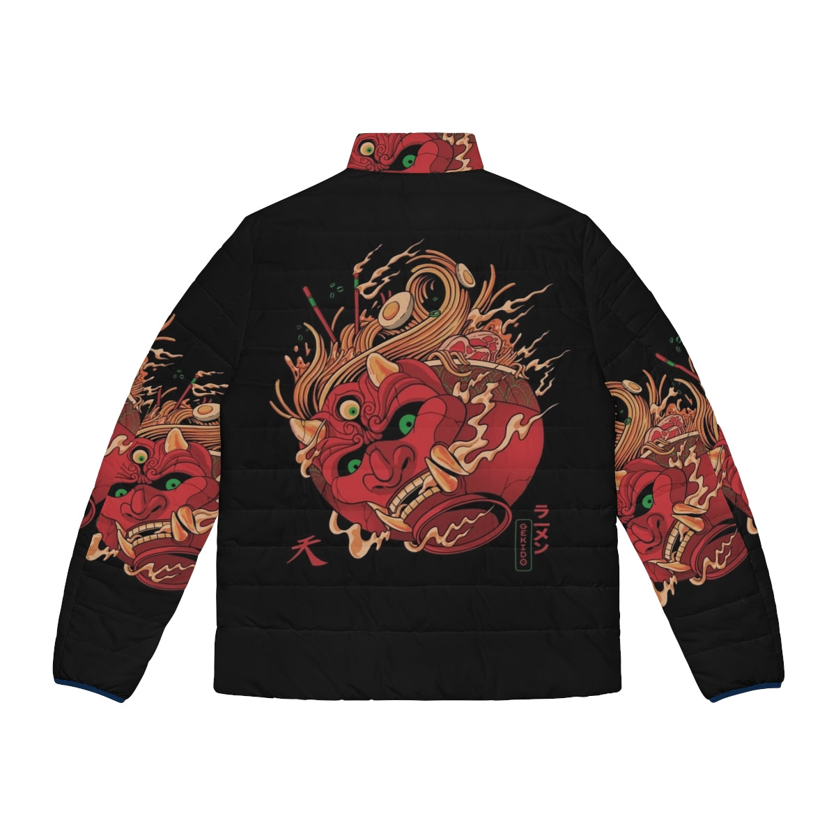 Man wearing Gekido Ramen Puffer Jacket with Japanese demon and ramen graphics - Back