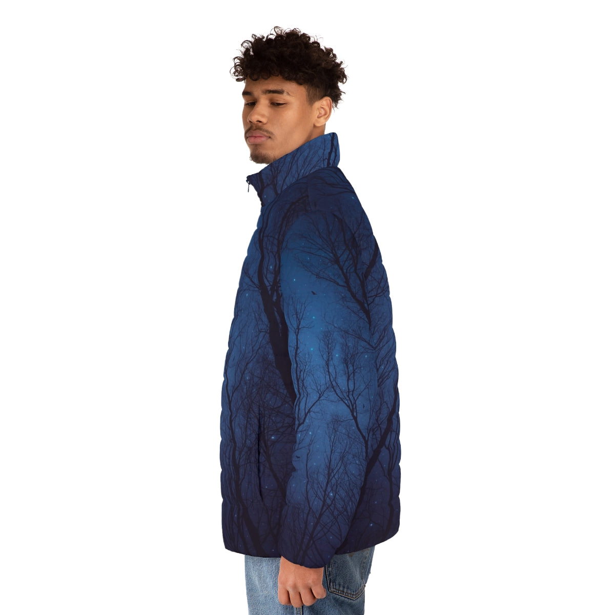 Puffer jacket with a cosmic design featuring a starry night sky, nebula, and abstract tree silhouettes - men side left