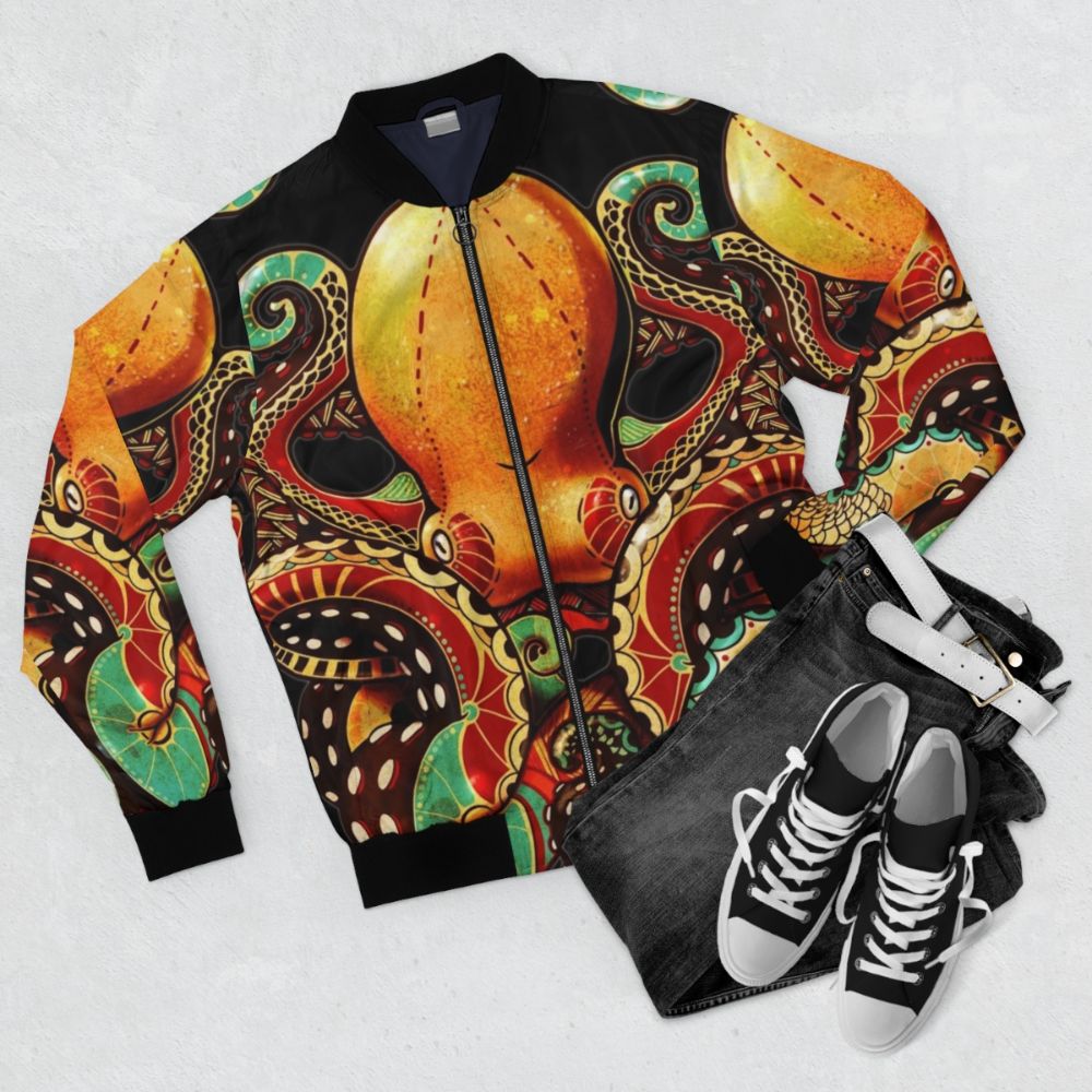 Octopus-themed bomber jacket with abstract, tribal, and tentacle design - Flat lay