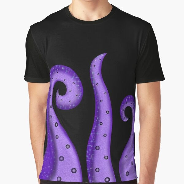 Ursula the Galaxy Sea Witch graphic t-shirt featuring a pastel goth, creepy-cute design with space, galaxy, stars, and tentacles