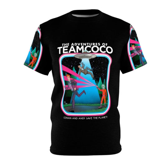 A t-shirt design featuring a comedic alien abduction scene, inspired by the popular Team Coco brand.