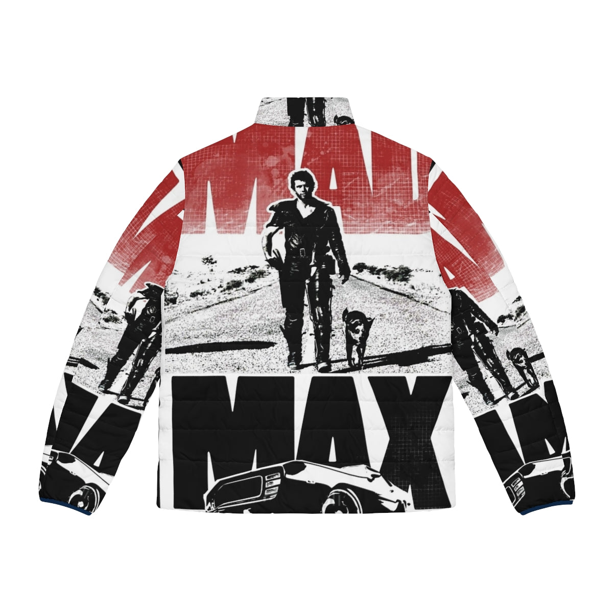 Vintage Mad Max x Stranger Things puffer jacket with post-apocalyptic dystopian design - Back