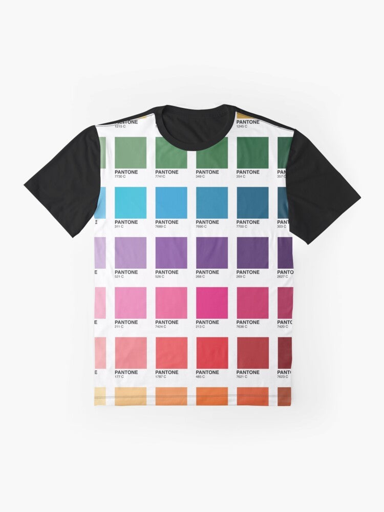 Graphic t-shirt featuring a vibrant array of Pantone color shades and swatches. - Flat lay