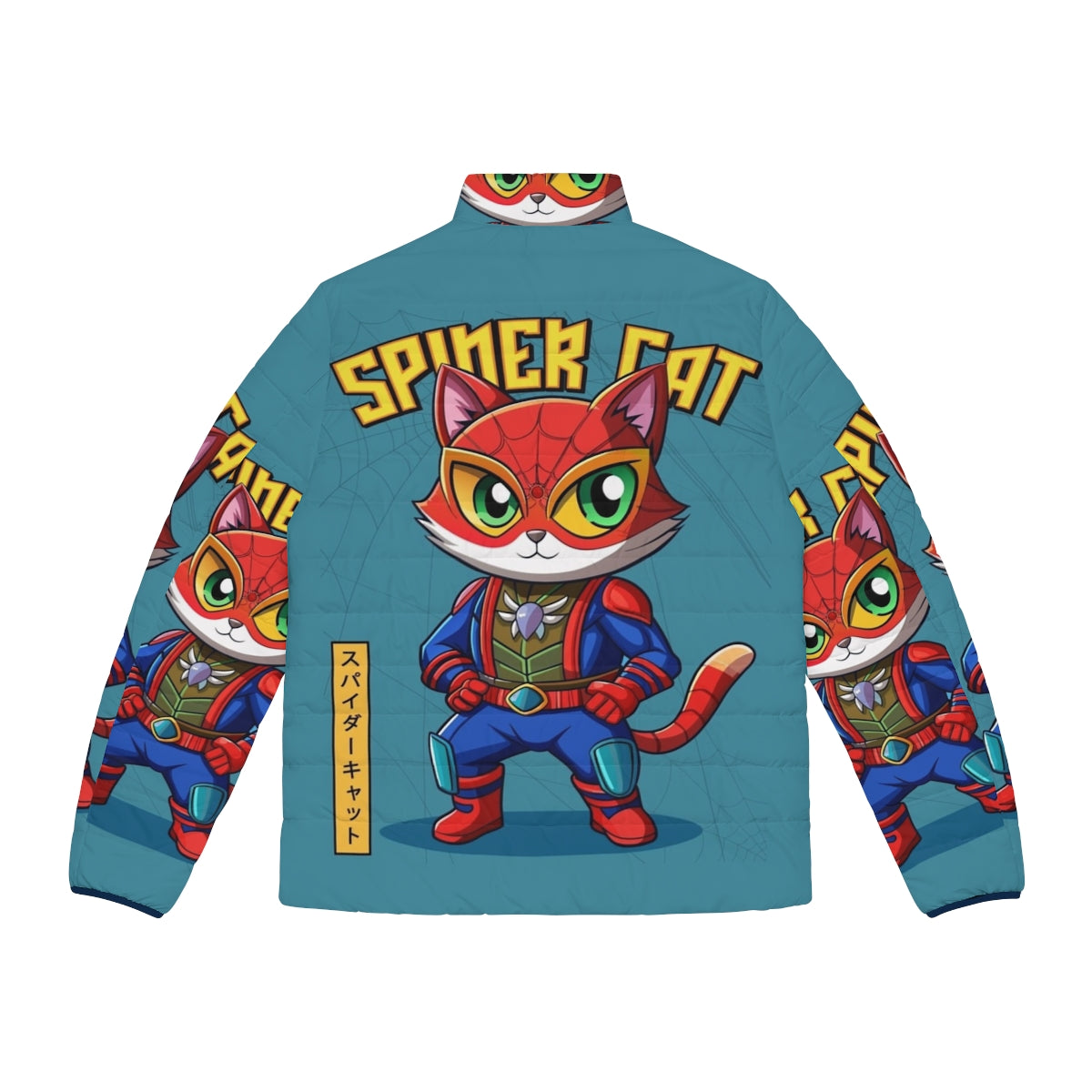 Spider Cat Puffer Jacket featuring a cartoon cat in a superhero-inspired design - Back