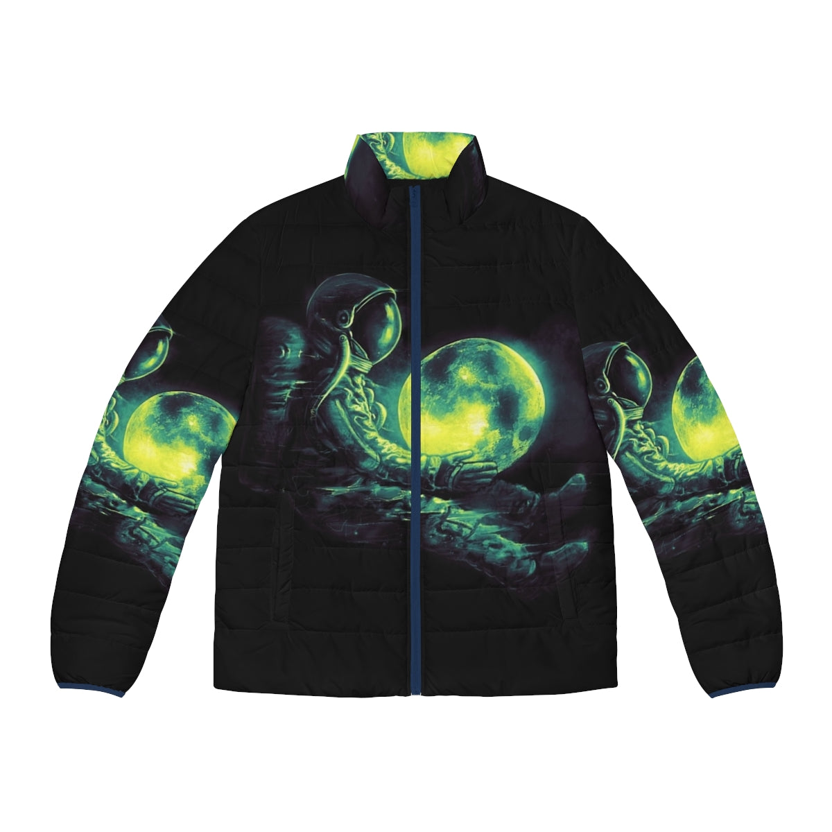 Stylish puffer jacket with a surreal, intergalactic design featuring the moon, stars, and planets