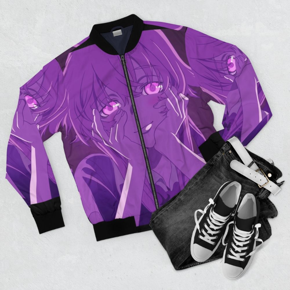 Yuno Gasai from Mirai Nikki (Future Diary) wearing a bomber jacket - Flat lay