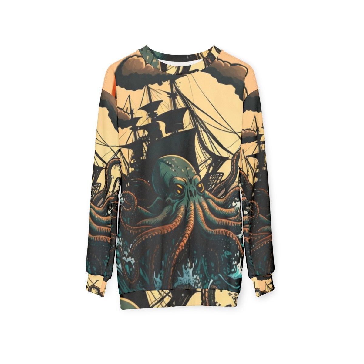 Illustration of various mythical sea creatures on a cozy sweatshirt - hanging