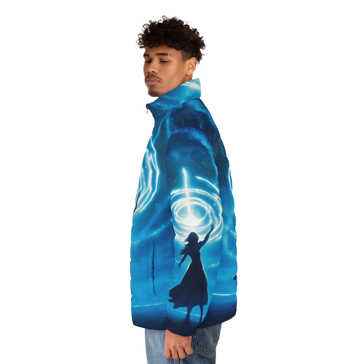 A blue puffer jacket with a silhouette of a woman surrounded by stars and a night landscape - men side left