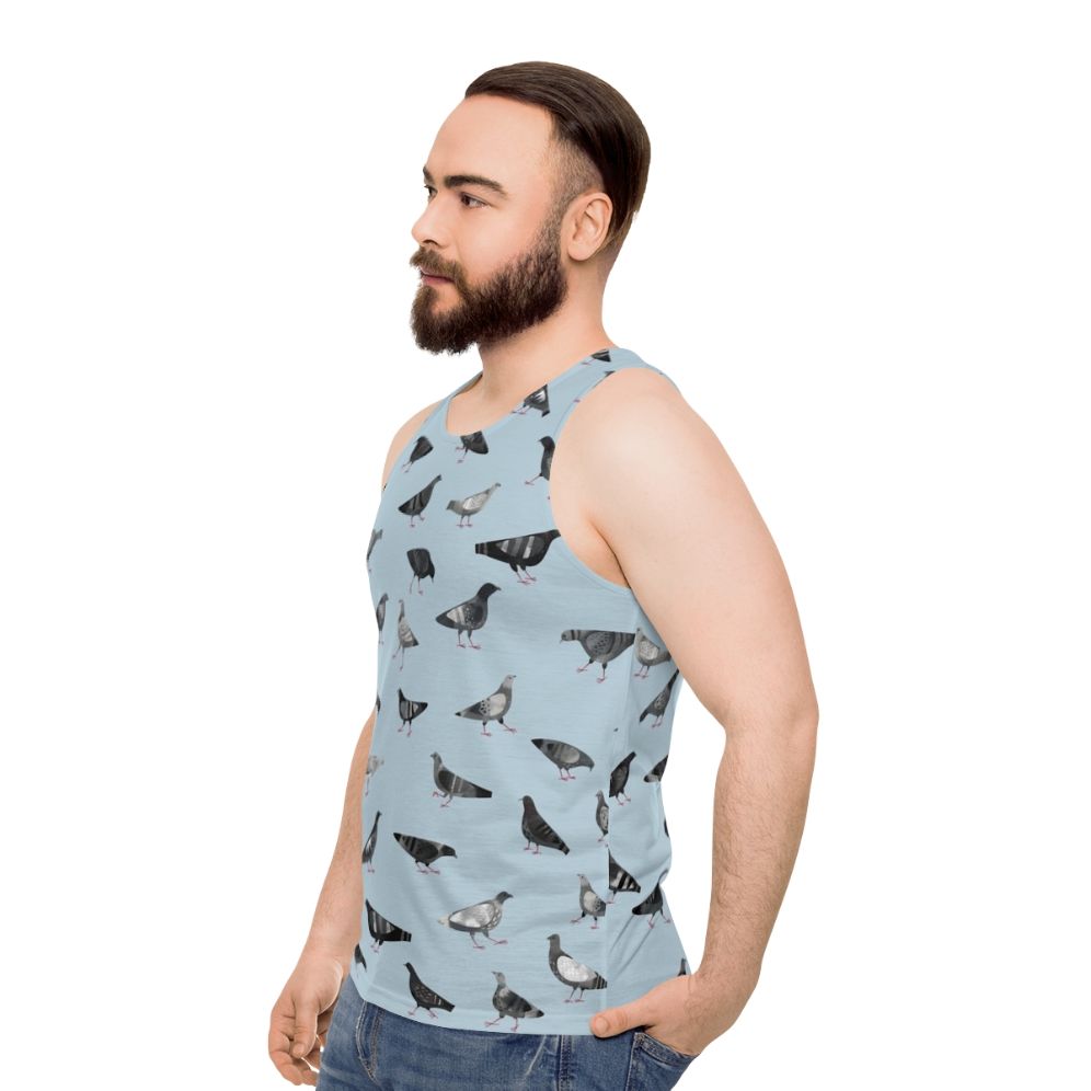 Pigeons doing pigeon things on a gray unisex tank top - men side