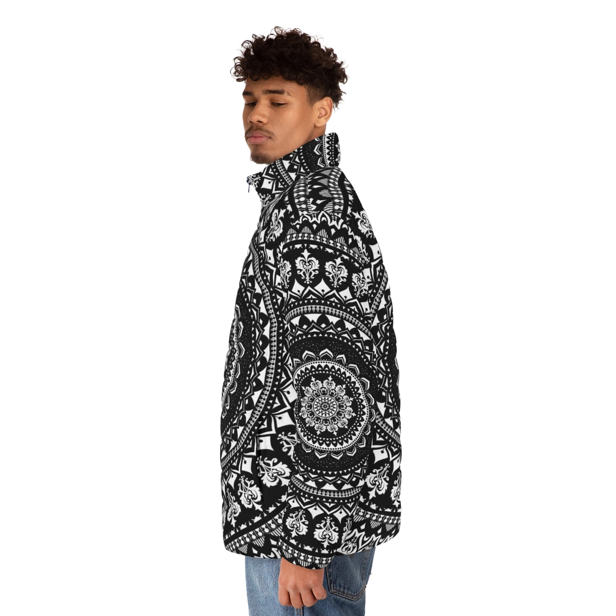 Mandala Monochrome Puffer Jacket with Celestial and Cosmic Design - men side left