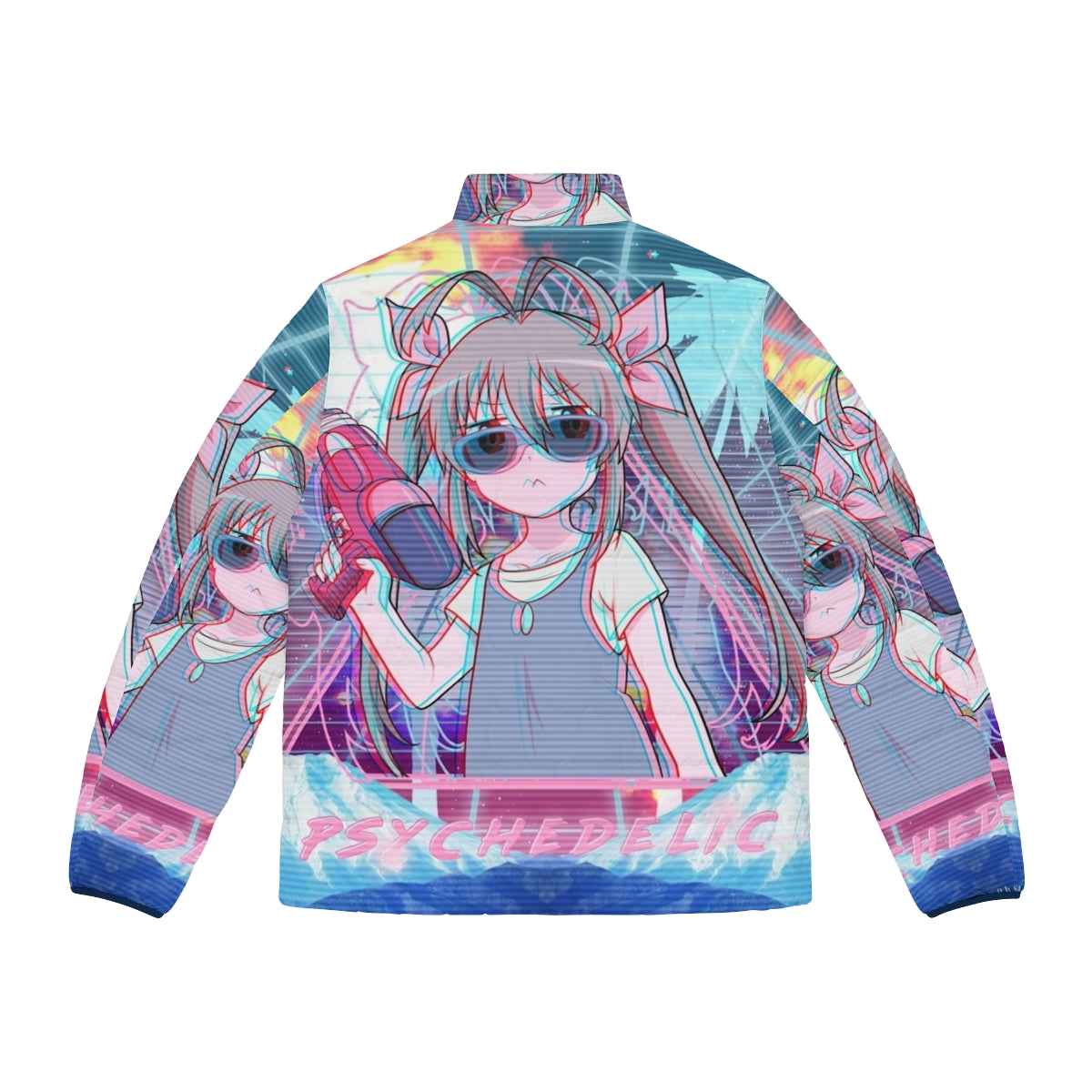 Psychedelic puffer jacket featuring anime-style girl with twin tails, water, gun, and palm trees in a synthwave, retrowave, vaporwave aesthetic - Back