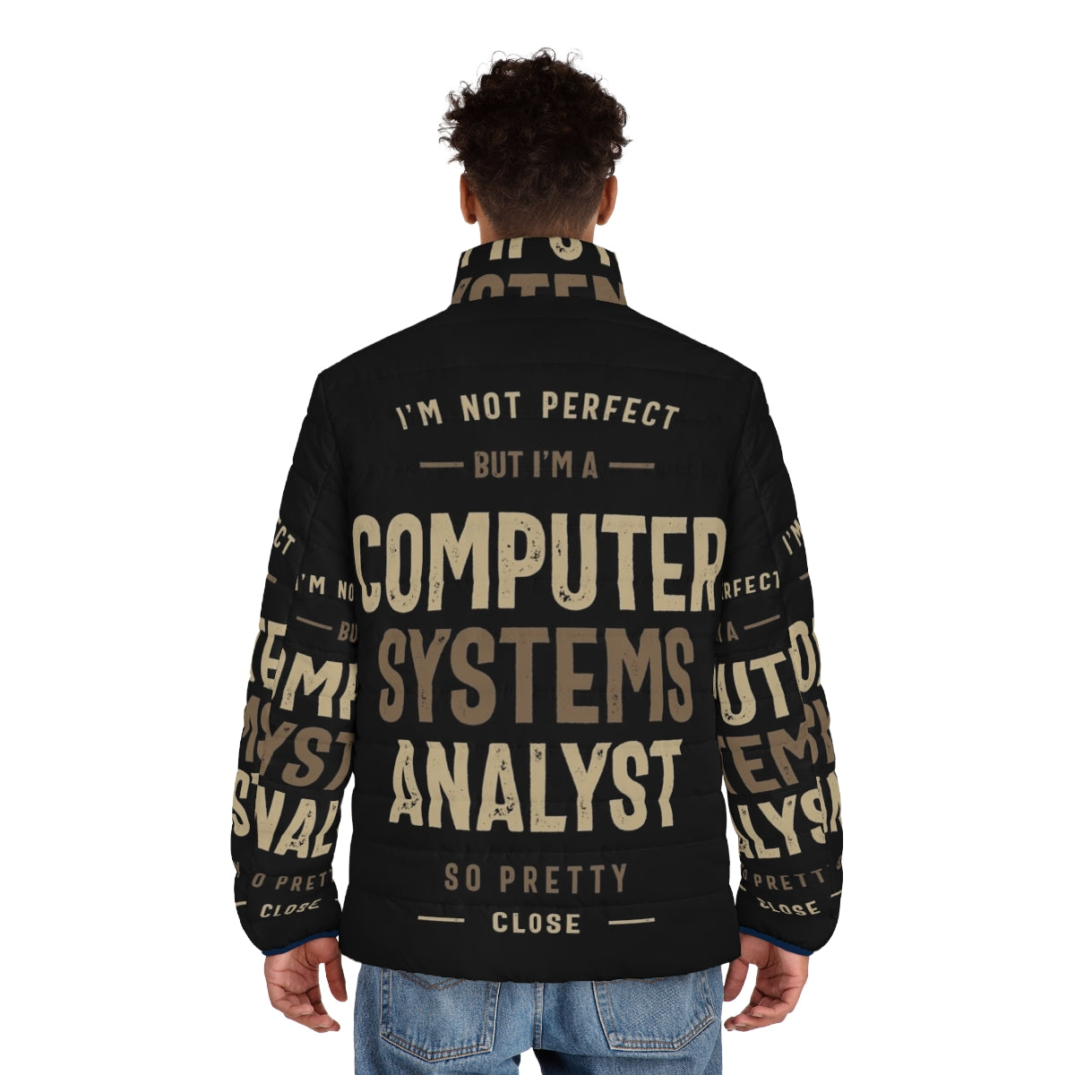 Computer Systems Analyst wearing a puffer jacket with a technology-inspired design - men back