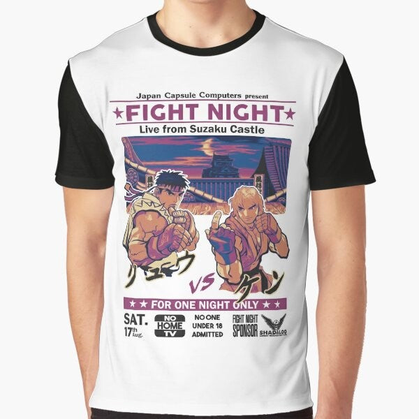 Retro Street Fighter graphic t-shirt with characters like Ryu, Ken, Chun-Li, and Akuma.