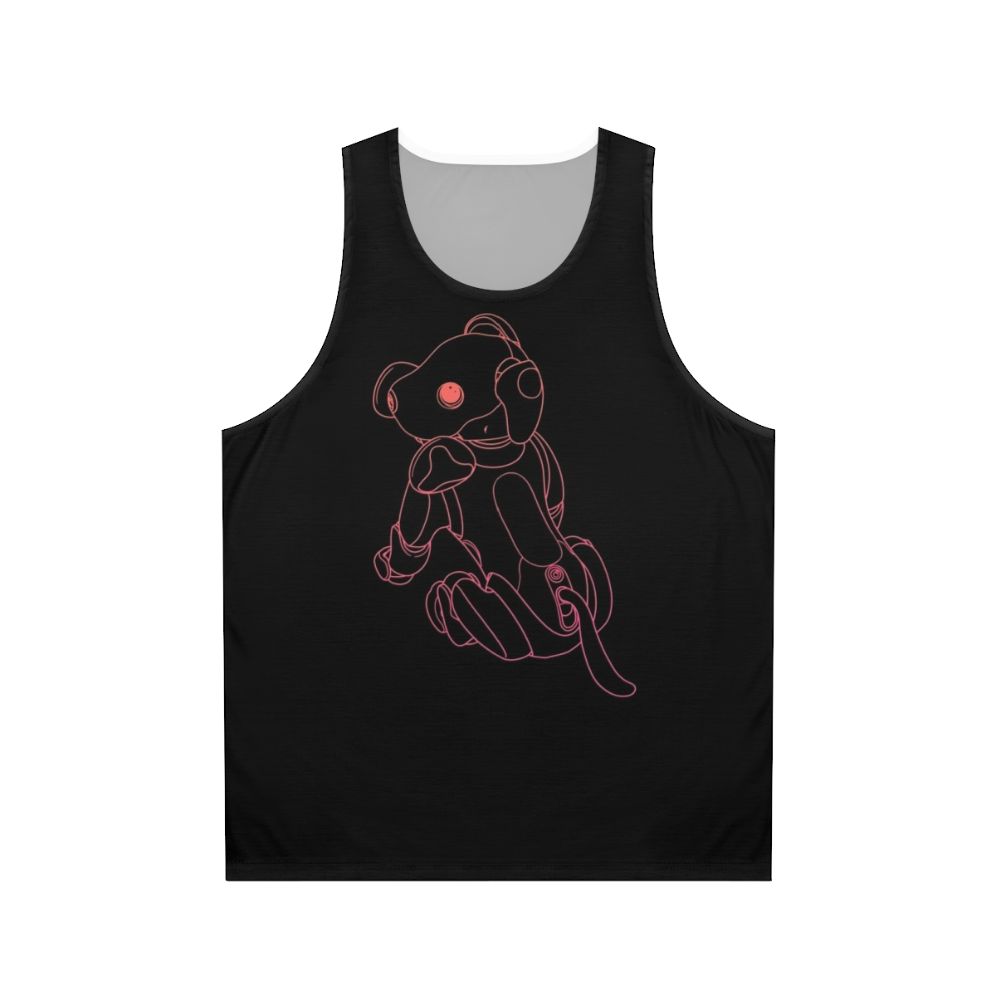 Unisex tank top with a graphic design of a robot dog in a futuristic sunset scene