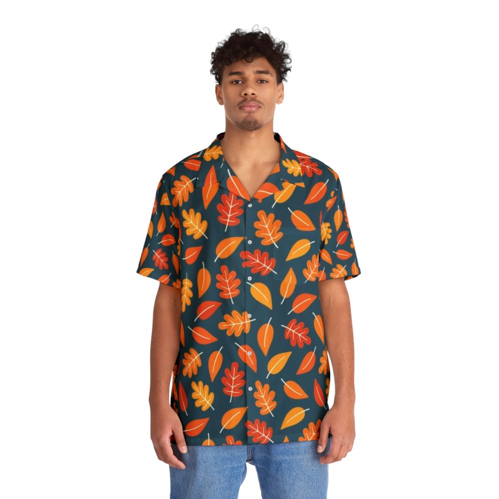 Retro autumn leaves Hawaiian shirt in indigo blue - People Front