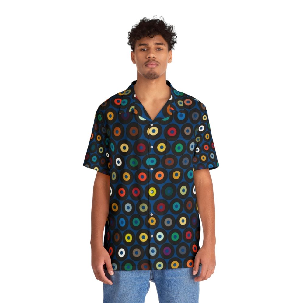 Blue Hawaiian shirt with vinyl record and graphic print design - People Front