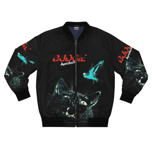 Budgie Band Impeckable Album Bomber Jacket with band logo and retro-inspired design