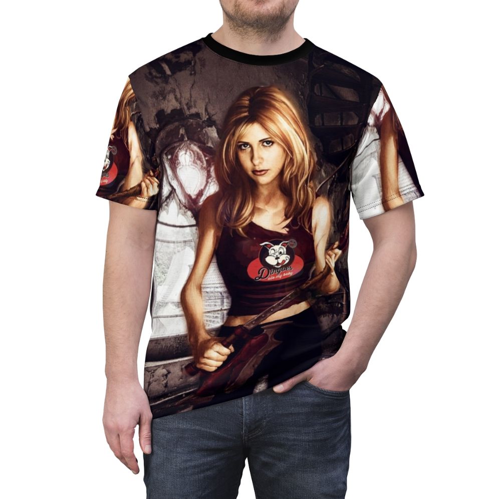 Buffy the Vampire Slayer inspired fan t-shirt with slayer and vampire designs - men front