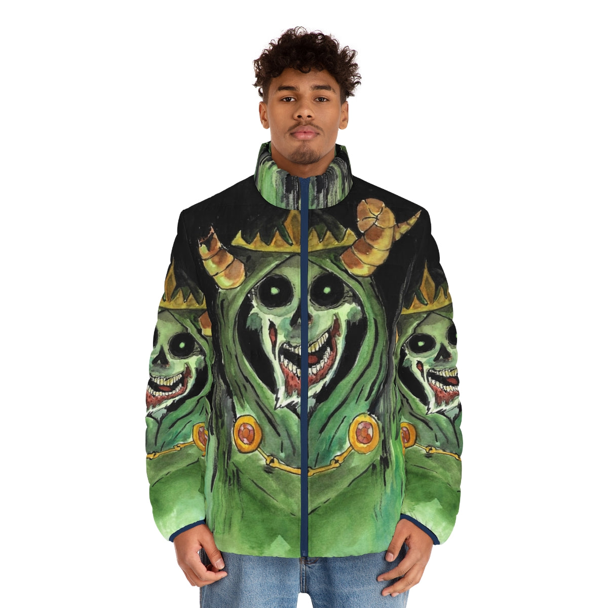 A puffer jacket with a lich or undead skull design, perfect for horror and fantasy enthusiasts - men front